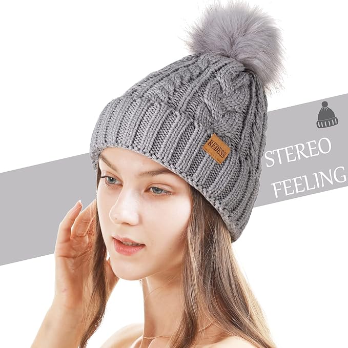 REDESS Women Winter Pompom Beanie Hat with Warm Fleece Lined, Thick Slouchy Snow Knit Skull Ski Cap