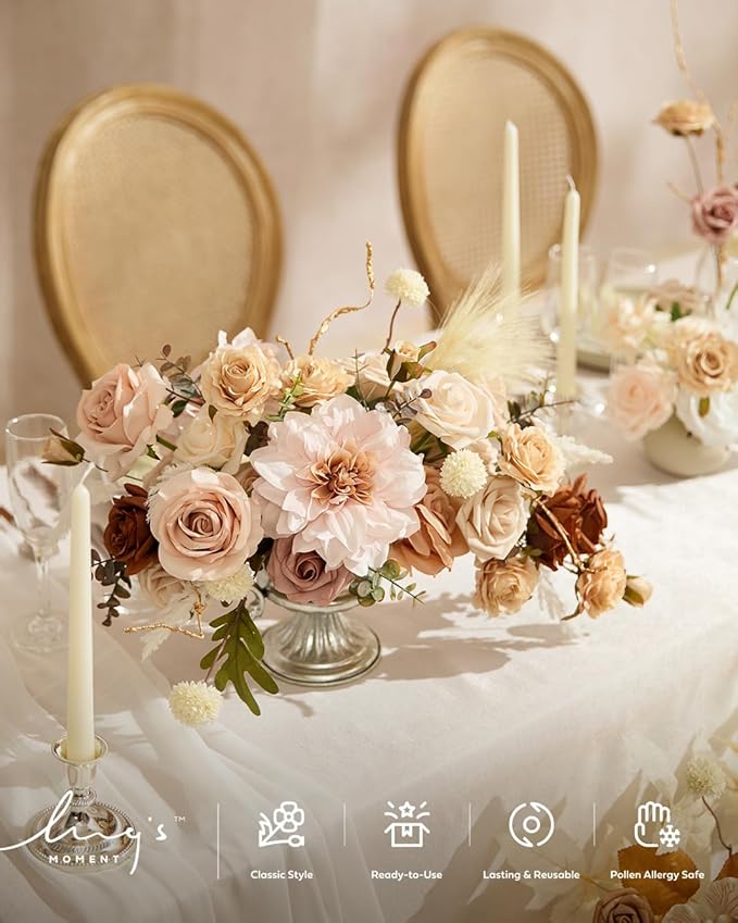 Ling's moment Fake Flowers Box, Faux Artificial Greenery Stems Foam Roses Silk Dahlia Pampas Grass Fabic Flower for Centerpieces Bouquet Wedding Vase Floral Decorations, Beige & Sepia, Deluxe Combo