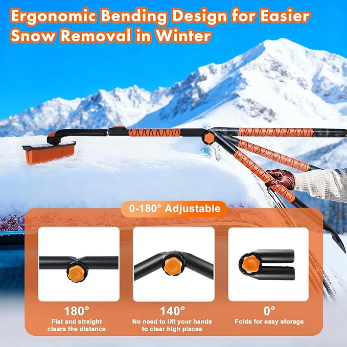 Eazy2hD 3 in 1 Bendable Silicone Snow Brush with Ice Scrapers, 65.75" Extendable Window Ice Removal with Squeegee for Windshield, 360° Pivoting Brush Head Cleaner Tool for Car, Truck, SUV