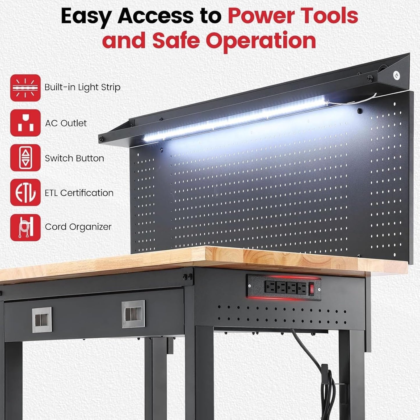 Workbench with Wheels 60 x 22 Inch Adjustable Height Work Table for Garage Heavy Duty Rubberwood Tabletop Work Bench with LED, Drawers, Pegboard, Power Outlets for Office Home Commercial
