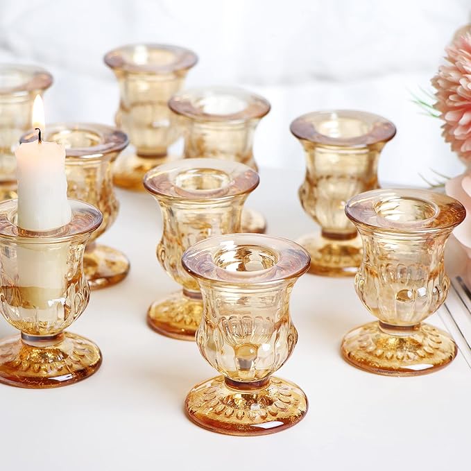 Letine Gold Candlestick Holders Set of 12-2.5" H Taper Candle Holders Bulk -Gold Glass Candle Holder for Thanksgiving, Christmas, Rustic Wedding Centerpieces, Party Decor