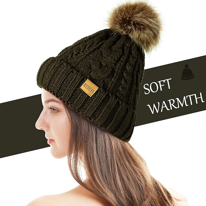 REDESS Women Winter Pompom Beanie Hat with Warm Fleece Lined, Thick Slouchy Snow Knit Skull Ski Cap