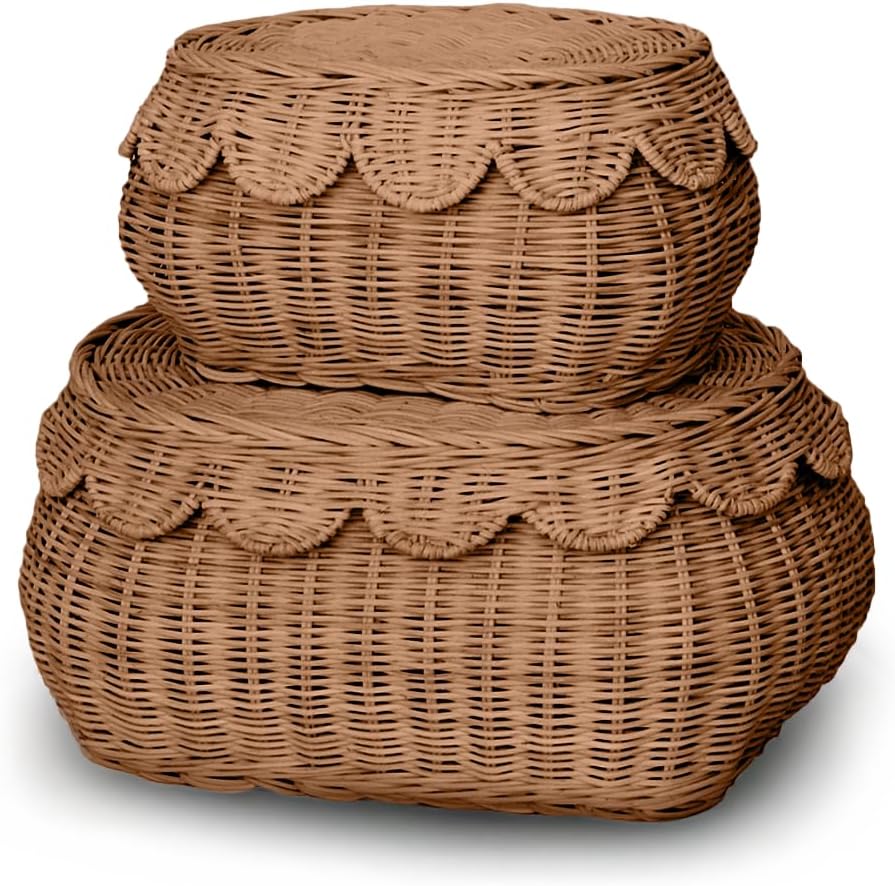 BEBE BASK The Original Scalloped Basket Set Of 2 - Small Scallop Basket - 15 x 10 x 6 In - Hand-Woven & Award-Winning - Elegant Wicker With Scalloped Edge Lid - Nursery Storage - (Mocca)