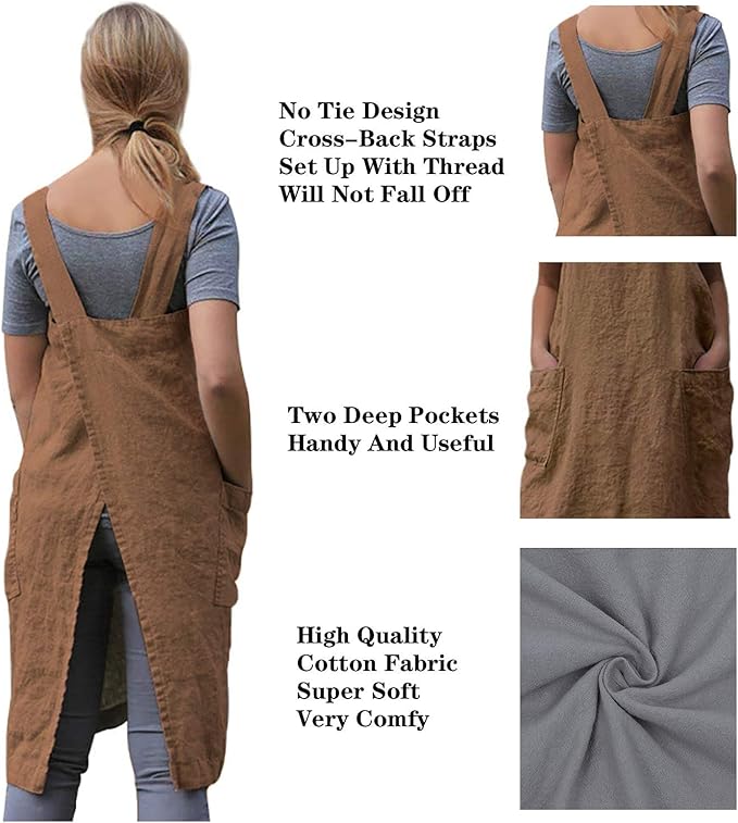 WROLEM Women's Practical Cross Back Pinafore Apron with Large Pockets Home Kitchen,Restaurant,Coffee House,Cooking,Gardening