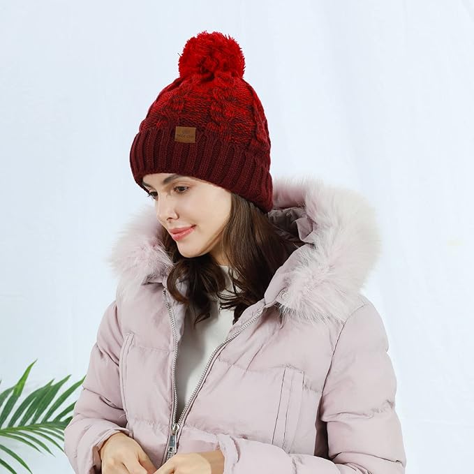 REDESS Women Winter Pompom Beanie Hat with Warm Fleece Lined, Thick Slouchy Snow Knit Skull Ski Cap