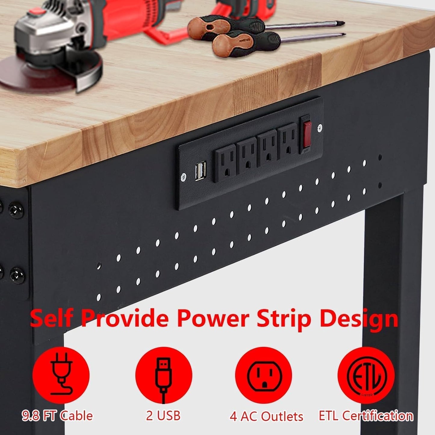 48'' Adjustable Workbench on Wheels, 2000LBS Heavy Duty Worktable with Power Outlets & Drawers & Pegboard, Rubberwood Workstation for Workshop, Garage, Office, Home