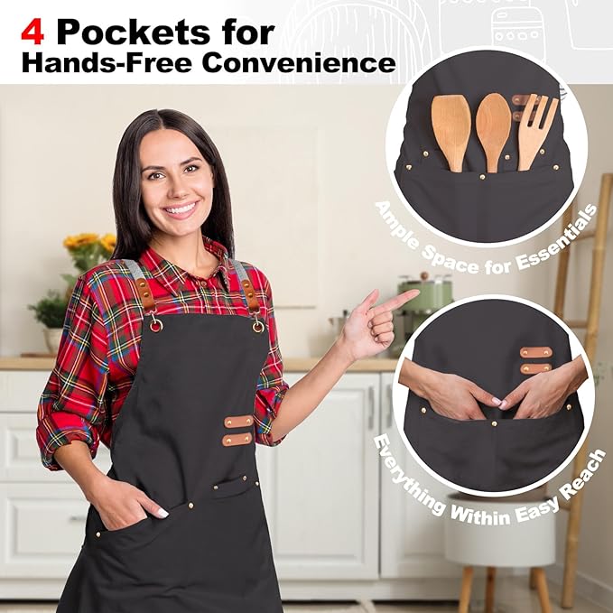 chef apron bib tool apron for man woman cross back straps with 4 pockets for kitchen cooking gardening baking working