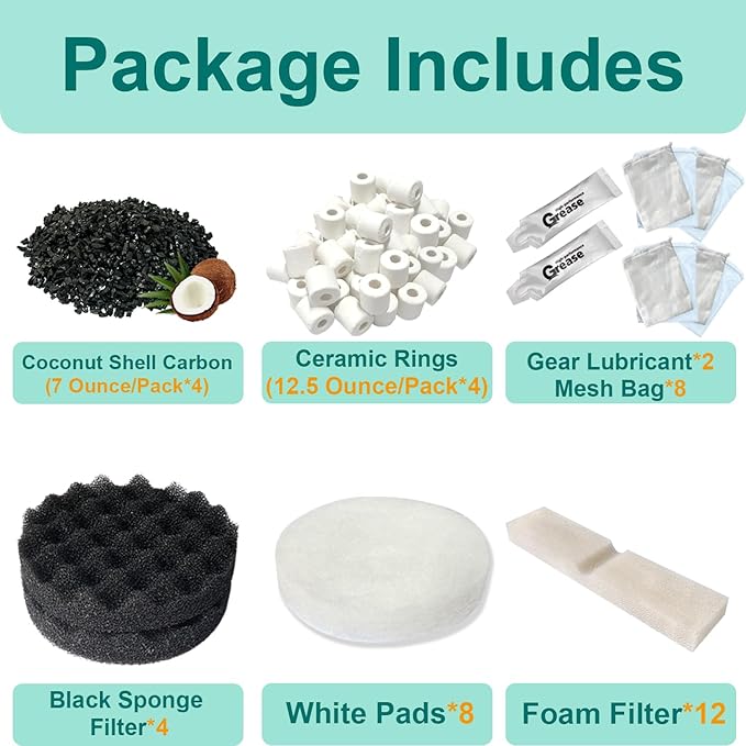 42 PCS Aquarium Media Kits Replacement for Fluval FX4 / FX5 / FX6 Canister Filters, Including Bio-Foam Block, Carbon Sponge Filter, Ceramic Ring, Activated Carbon, Silicone Lubricant, Filter Pad