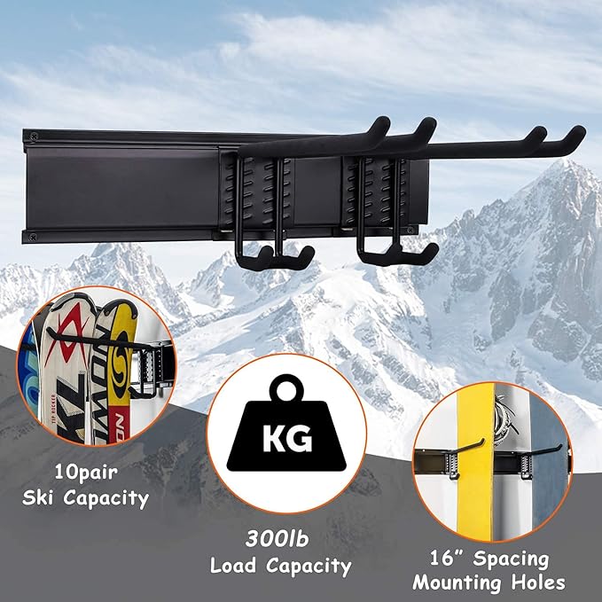 Ultrawall 24-Inch Wall Mounted Ski Rack, Holds Up to 300lbs, Powder-Coated Steel with Rubber Coating, Customizable Spacing, Easy Installation