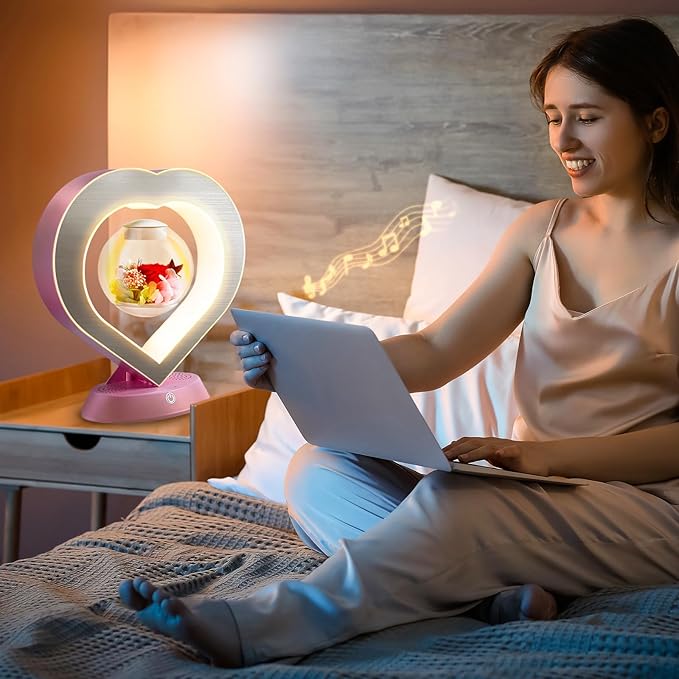 LoveLin Heart Preserved Rose Flowers with Bluetooth Speakers, 5W Pink Magnetic Levitation Table Lamp with Variable Color LED Light, Unique Forever Flower Gift for Women, Girls, Mother and Grandma