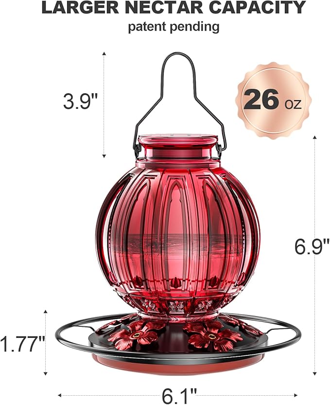 2 Pack Glass Hummingbird Feeder for Outdoors Hanging, Bird Nectar Feeder with Perch & 5 Flower Feeding Ports, 26 Oz Leak Proof for Outside Garden Decor Backyard, Gifts for Women Mom, Red & Purple