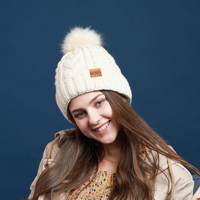 REDESS Women Winter Pompom Beanie Hat with Warm Fleece Lined, Thick Slouchy Snow Knit Skull Ski Cap