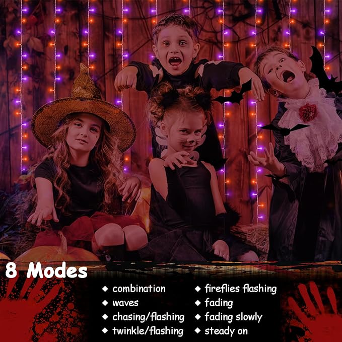 echosari Halloween Curtain Lights Battery Operated, 300 LED Purple Orange Fairy Curtain Lights 9.8Ft x 9.8Ft Hanging Lights with Remote Timer for Party Garden Yard Decor