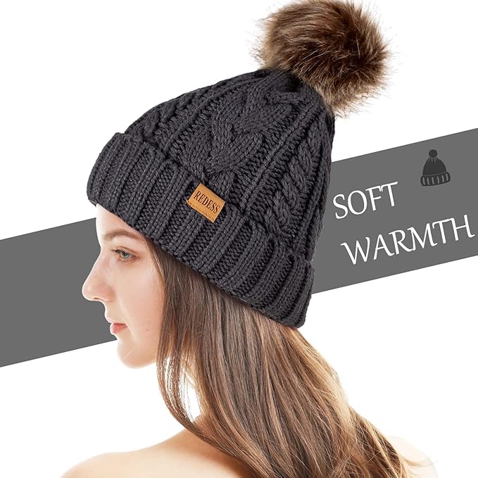 REDESS Women Winter Pompom Beanie Hat with Warm Fleece Lined, Thick Slouchy Snow Knit Skull Ski Cap