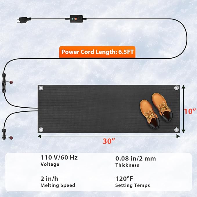 mestyl Heated Snow Melting Mats Outdoor, 10 x 30 Inch Heated Outdoor Mats, Snow and Ice Melting Mats No-Slip Winter Outdoor Heated Mats for Stair, Walkway, Steps, Sidewalks, Decks, Driveway, 1Pcs