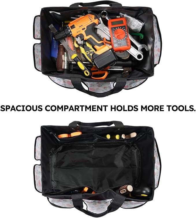 Housolution Gardening Tote Bag, Deluxe Garden Tool Storage Bag and Home Organizer with Pockets, Wear-Resistant & Reusable, 14 Inch, White Floral