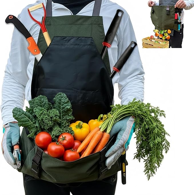 Gardening Apron Waterproof Cross Back Apron, Extra 600D Heavy Duty Apron Harvest and Large Quick Release Pockets