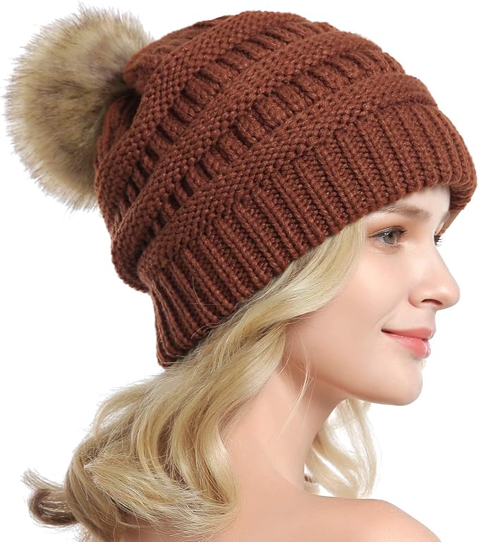 QUEENFUR Women Knit Slouchy Beanie Chunky Baggy Hat with Faux Fur Pompom Winter Soft Warm Ski Cap