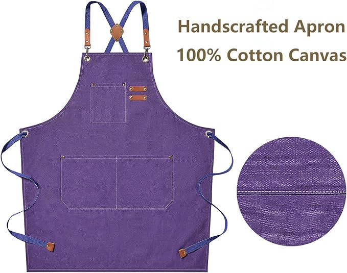 AFUN Chef Aprons for Men Women with Oversized Pockets, 16-Ounce Cotton Canvas Cross Back Heavy Duty Work Apron (Purple)
