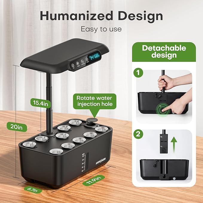 Ahopegarden Hydroponics Growing System Herb Garden: 10 Pods Indoor Garden Kit with LED Grow Light and Smart Temp & Humidity Display - Plant Germination Kit for Home Kitchen
