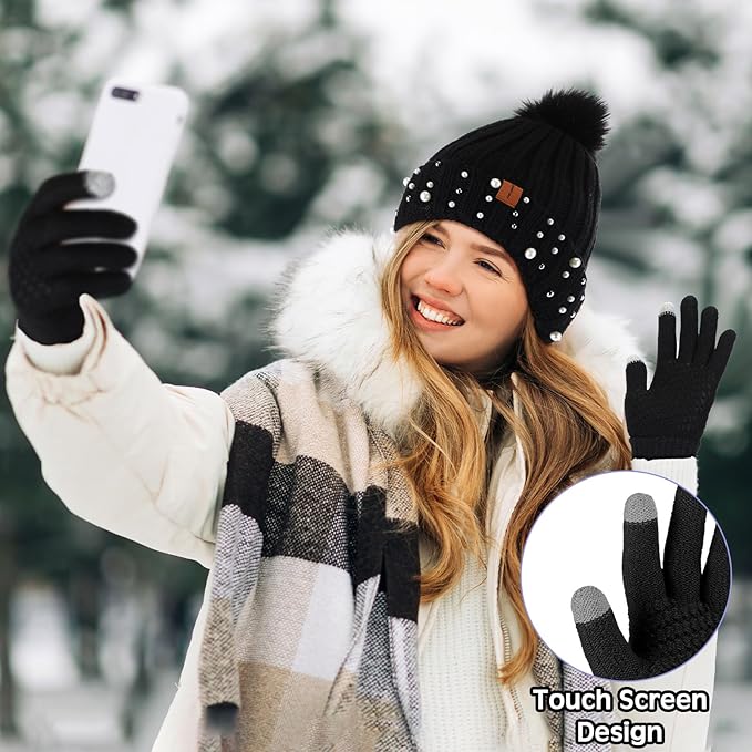 5 Pieces Women Winter Warm Set Knit Beanie Hat Scarf Touchscreen Gloves Earmuffs Stockings 5 in 1 Ski Outing Set for Gift