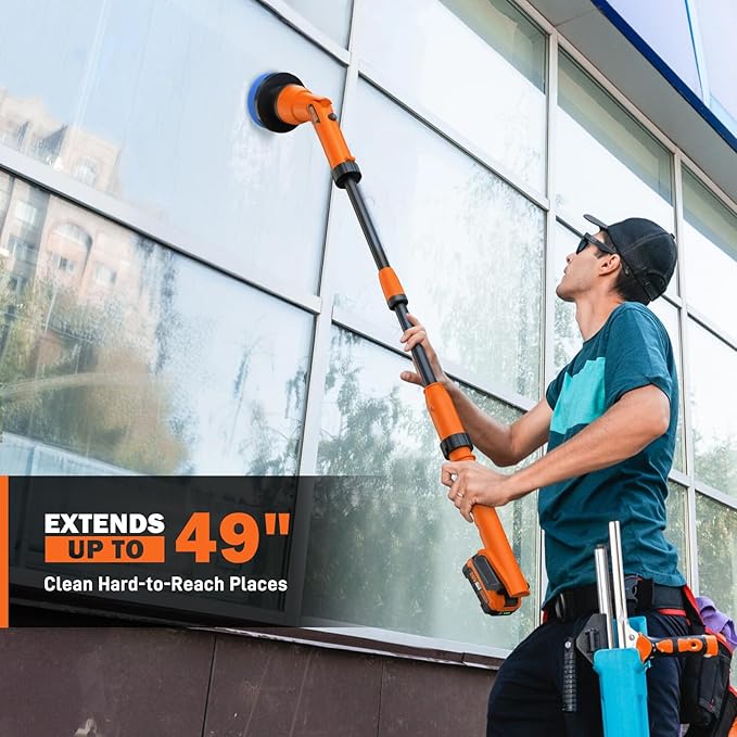 20V Electric Scrubber for Cleaning Floors, Walls - 2 Replaceable Battery Design for Outdoor Garden and Patio Cleaning Stubborn Stains, Telescopic Handle,8 Replaceable Brush Heads