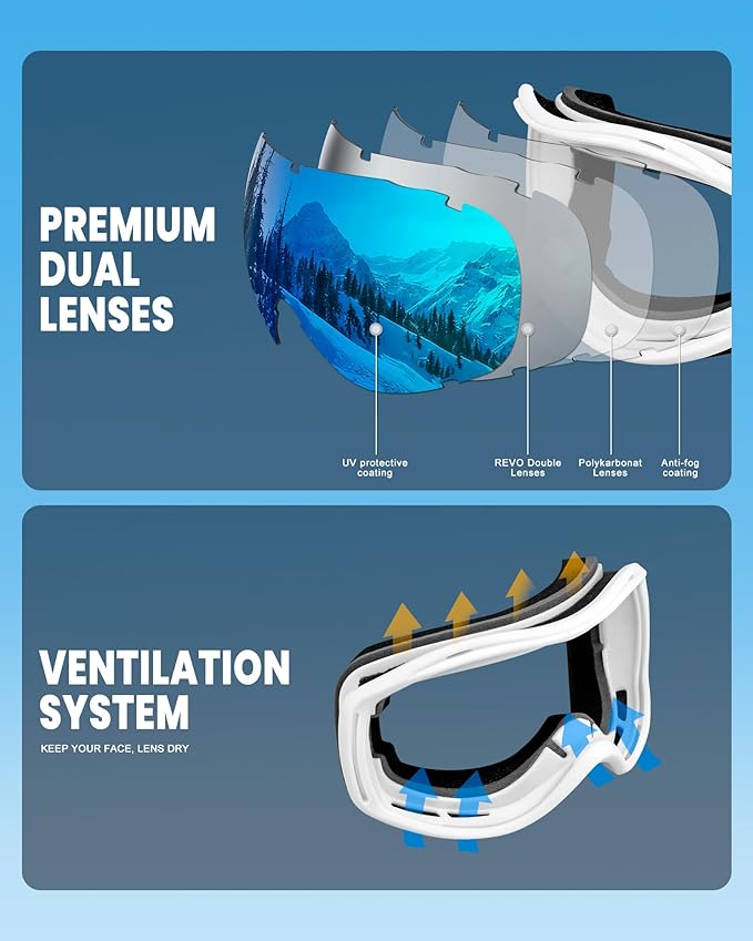 AVV Ski Goggles UV Protection, Anti-Fog Snowboard Snow Goggles OTG for Men Women Adults & Youths