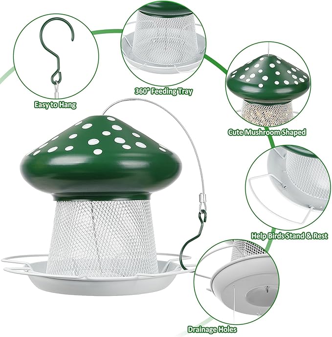 Bird Feeder, Heavy Duty Metal Bird Feeders for Outdoor Hanging, Cute Mushroom Shape Wild Birdfeeder for Outside Garden Yard (Green)