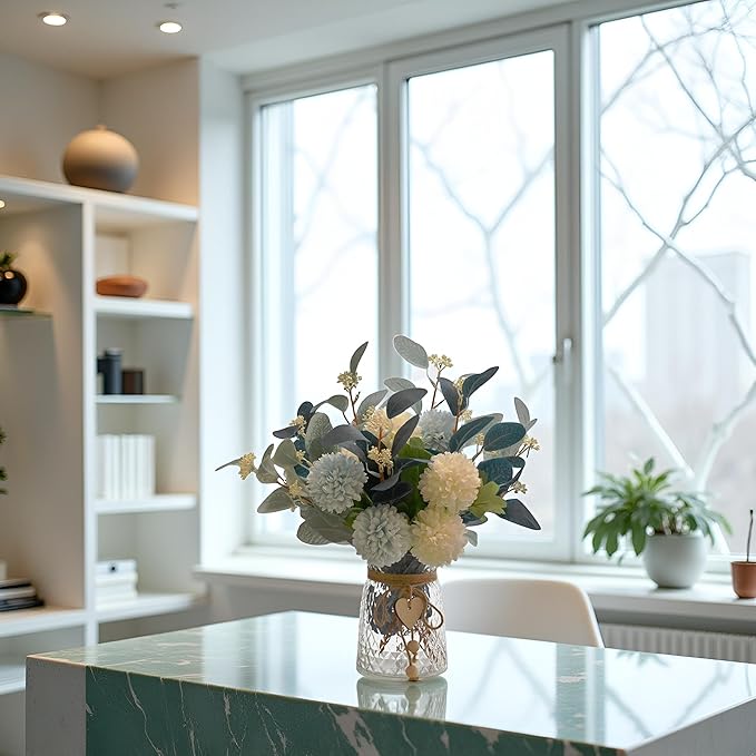 Artificial Flowers with Vase, Faux Flower Arrangement with Eucalyptus Leaves, Silk Hydrangea Table Centerpiece for Home Office Kitchen, Dining Room & Coffee Table Decor