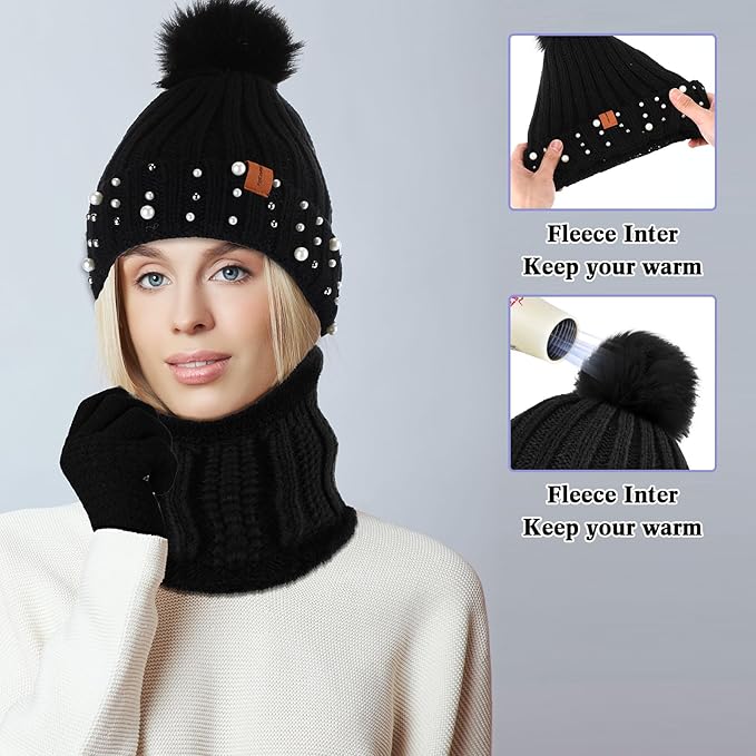 5 Pieces Women Winter Warm Set Knit Beanie Hat Scarf Touchscreen Gloves Earmuffs Stockings 5 in 1 Ski Outing Set for Gift