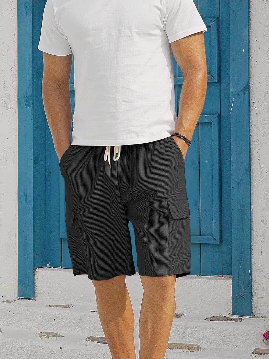 Mens Cargo Shorts Casual Drawstring Elastic Waist Corduroy Summer Beach Shorts with Pockets