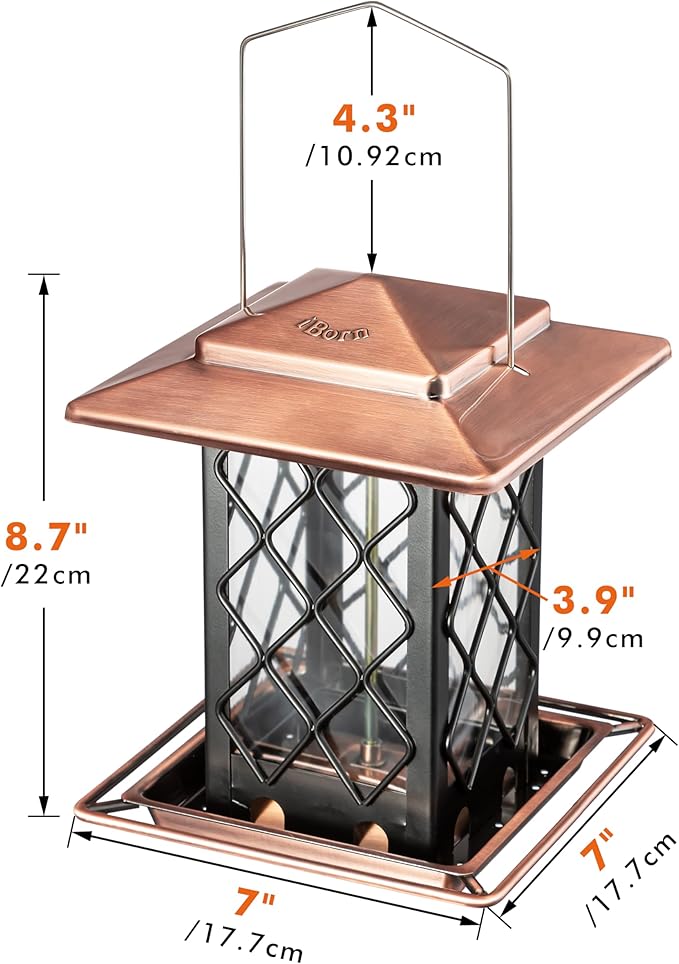 iBorn Bird Feeders for Outdoors, Metal Bird Feeder, Wild Bird Feeders for Cardinal, 2.4LBS Capacity,18cm Large Roof, Lantern Style, Brush Copper