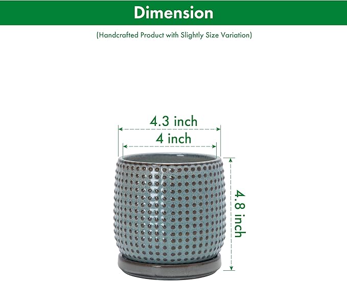 D'vine Dev 4 Inch Ceramic Beaded Stoneware Planter Pot - Flower Pot with Drainage Holes and Saucers for Indoor Succulent Plants or Flowers, Graphite Blue, 27-C-Z-9