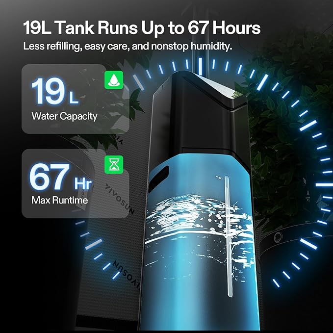 VIVOSUN AeroStream H19 Intelligent Environmental 19L Humidifier with Temp & Humidity Probe, Top Control Panel, Smart Remote Control, Designed Specifically for Use with Grow Tents