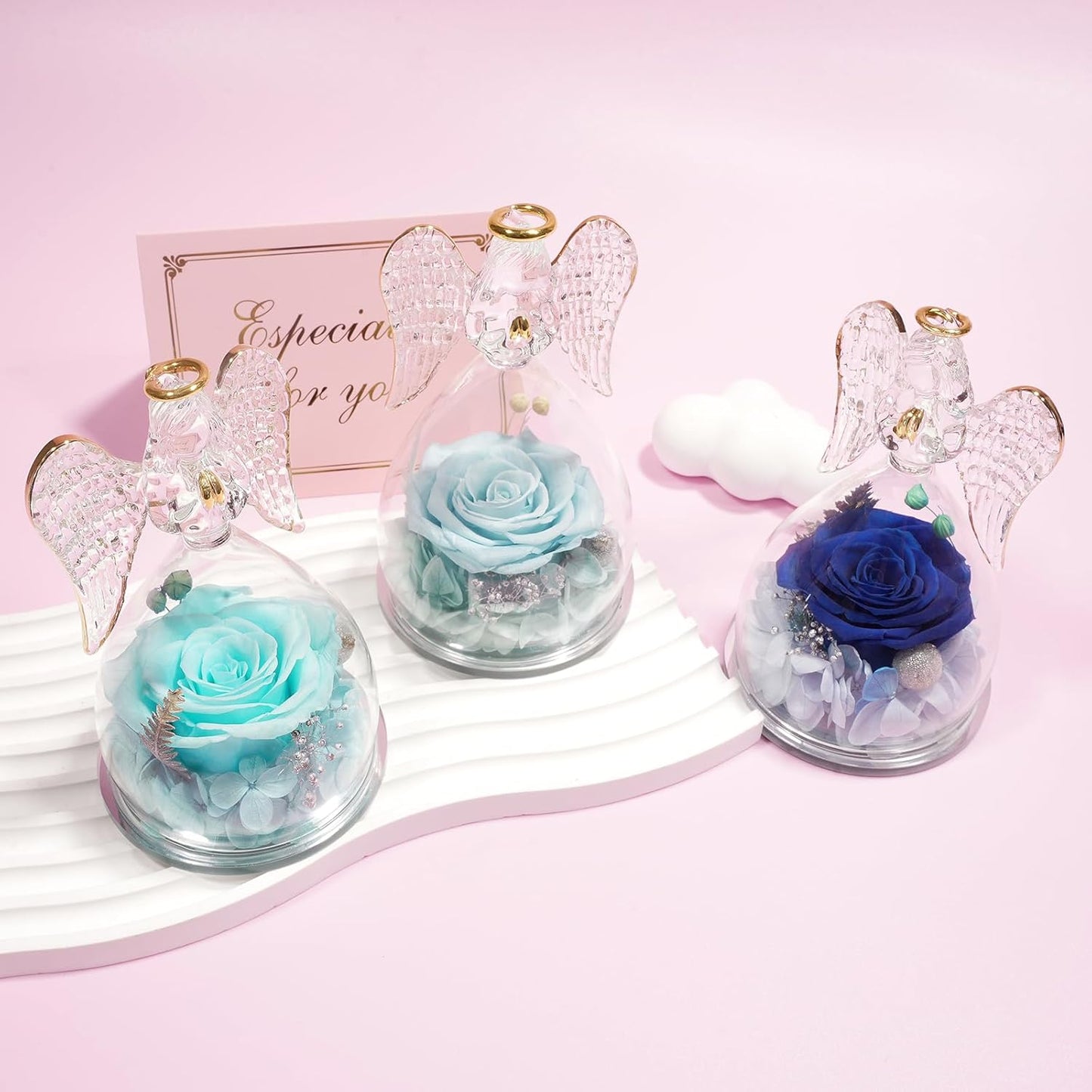 Yamonic Mom Birthday Gifts for Mom, Glass Angel Figurines Forever Real Rose Gifts for Her Women Grandma, Preserved Rose Angel Figurine for Mothers Day Birthday Gifts for Moms from Daughter(Pale Blue)