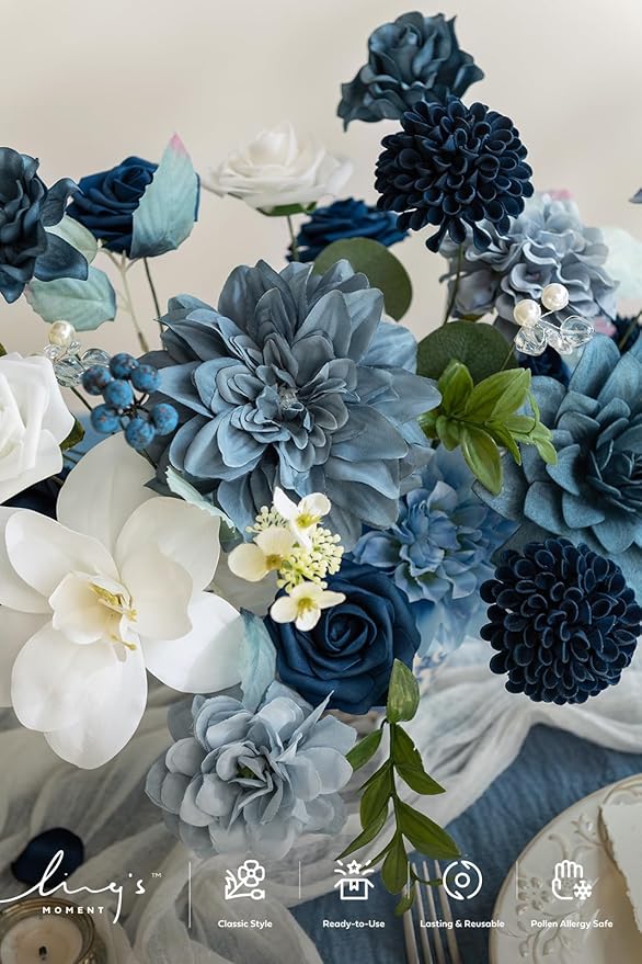 Ling's moment Fake Flowers Box, Faux Artificial Greenery Stems Foam Roses Gardenias Silk Dahlia Peony Fabic Flower for Centerpieces Bouquet Wedding Vase Decorations, Dusty Blue & Navy, Deluxe Combo