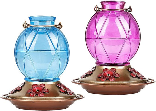 BOLITE Hummingbird Feeders for Outdoors Hanging, Glass Hummingbird Feeder, Wild Bird Feeder with Five Feeding Ports, 20 Ounces, 2 Pack, Purple and Blue, Birthday Gifts for Women Men, Gifts for Mom Dad