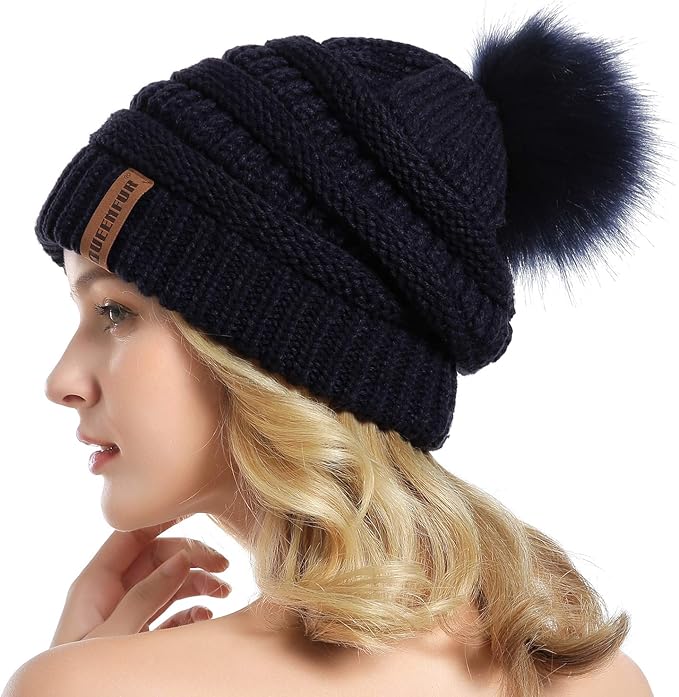 QUEENFUR Women Knit Slouchy Beanie Chunky Baggy Hat with Faux Fur Pompom Winter Soft Warm Ski Cap