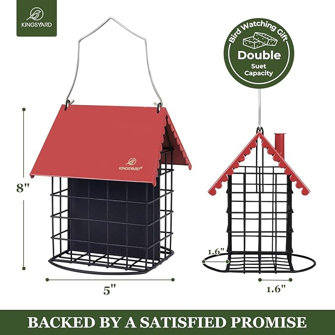 Kingsyard Double Suet Bird Feeder with Weatherproof Roof & Perch, All Metal, Suet Cakes Cage Bird Feeder for Outdoors Hanging, Easy to Clean & Refill, Red