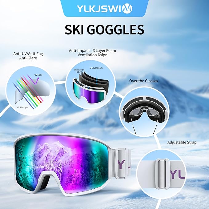 Ski Goggles for Men Women, OTG Snow Goggles, UV Protection Snowboard Goggles for Adult & Youth, Snowmobile, Sledding