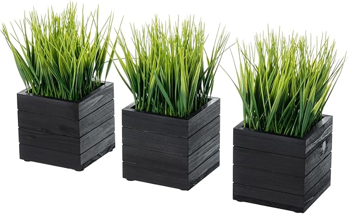 MyGift Artificial Green Grass Plants in Vintage Black Wood 4 Inch Planter Boxes, Faux Greenery in Decorative Square Crate Style Wooden Containers, Set of 3