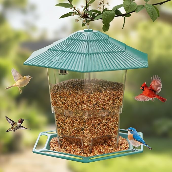 Bird Feeder for Outdoors Hanging,Green Hanging Wild Bird Feeders with S Hook for Blue Bird, Cardinals, Finches,Wild Birds Seed Feeder, As Gift for Bird Lovers