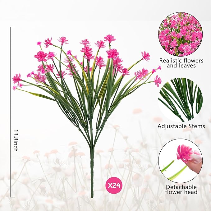 Ouddy Decor 24 Bundles Artificial Flowers for Outdoors UV Resistant Fake Plastic Plants Faux Greenery Stems for Spring Summer Indoor Garden Patio Window Box Kitchen Home Decor, Pink
