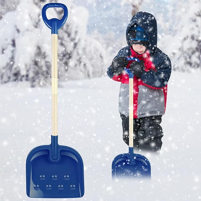 1Pcs Kids Snow Shovel Detachable Toddler Snow Shovel 22"-32" H Small Wooden Shovel with Plastic Scoop & D-Grip Handle Mini Child Digging Shovel Blue Winter Gift for Outdoor Yard Driveway Activities