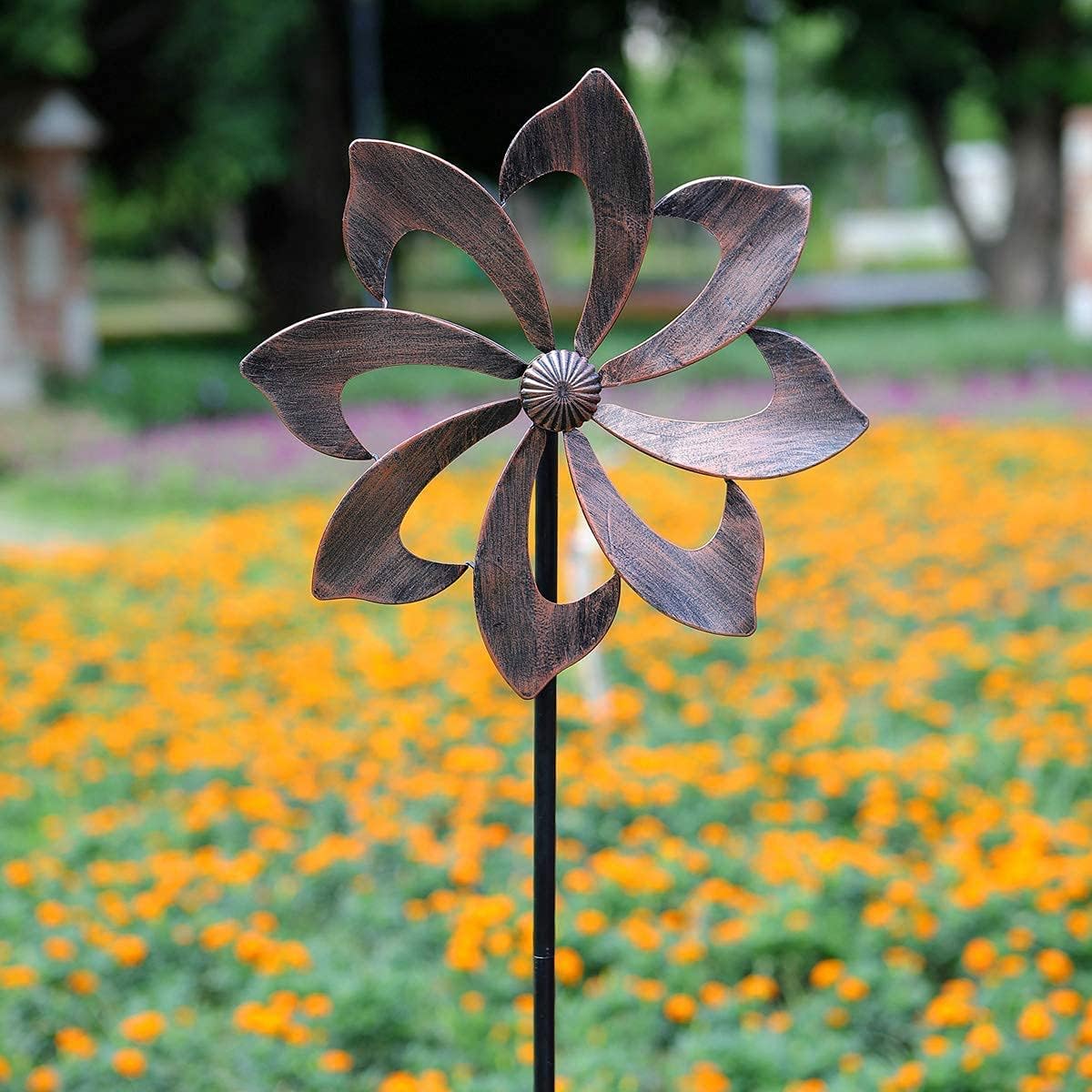 Starryfill Garden Wind Spinner Outdoor Metal Decoration, Single Blade Easy Rotate with Vertical Sculpture Stake Construction for Patio Lawn & Garden (Copper-Colored)