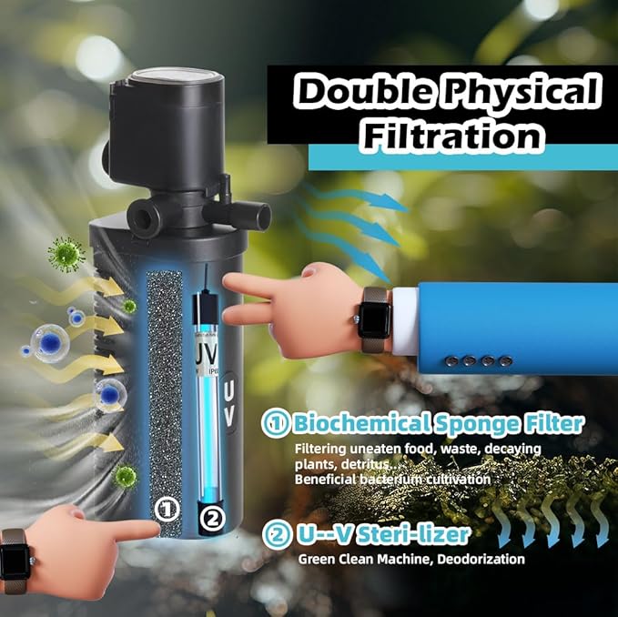 COOSPIDER Aquarium Filter 200GPH U-V Fish Tank Green Clean Machine for 20-75 Gal Tank, Submersible Pump Filter for Green Water, Internal Filtration System for Saltwater Freshwater Crystal Clear