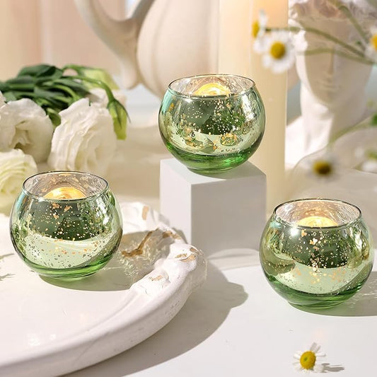 Volens Round Green Votive Candle Holders Set of 12, Green Wedding Centerpiece Table Decorations, Mercury Glass Tealight Candle Holder for Bridal Shower, Baby Shower & Home Decor