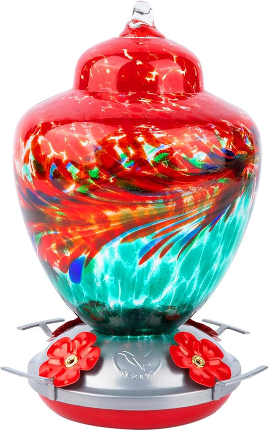 REZIPO Hummingbird Feeder with Perch - Hand Blown Glass - 38 Fluid Ounces Hummingbird Nectar Capacity Include Hanging Wires and Moat Hook (Red-Green)