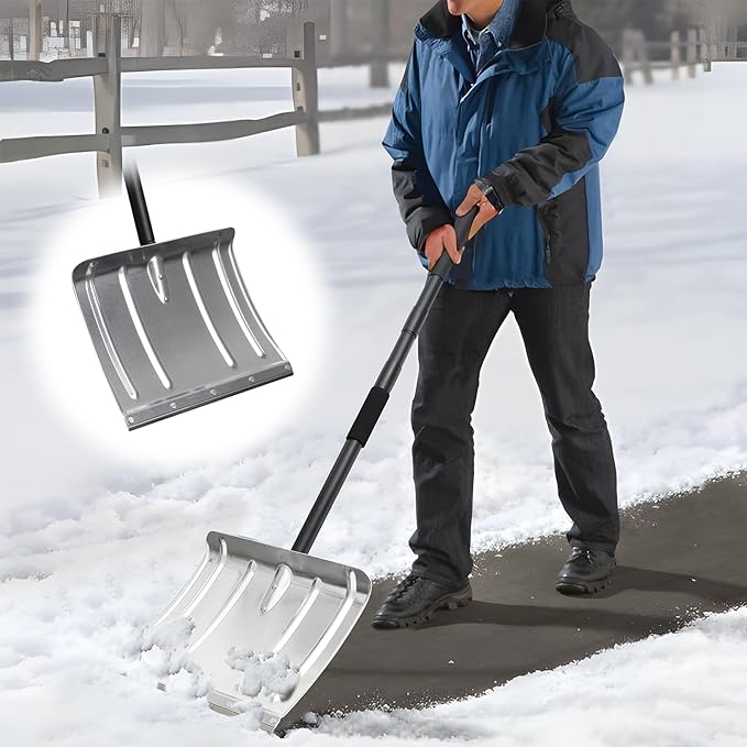 Snow Shovel with Metal Strip, Heavy Duty 16” Wide Aluminum Metal Snow Shovel Pusher for Driveway,Lightweight Emergency Car Snow Shovels for Walkway,Decking,Deck, Driveway