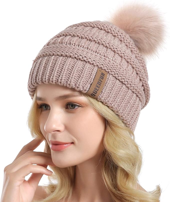 QUEENFUR Women Knit Slouchy Beanie Chunky Baggy Hat with Faux Fur Pompom Winter Soft Warm Ski Cap